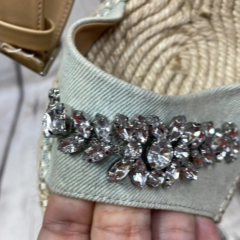 Kaari Blue espadrilles wedge ankle rhinestone blue size 9 sandals